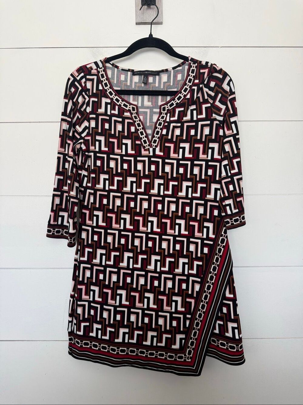 White House Black Market Women’s Small Red Black White 3/4 Sleeve Tunic Dress